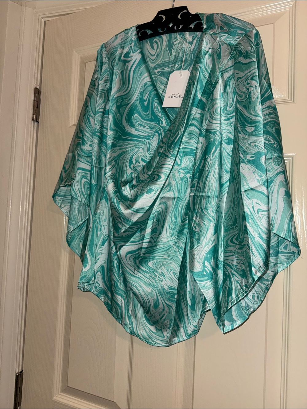 Wonderly Teal Marble-Print Draped Tunic Top